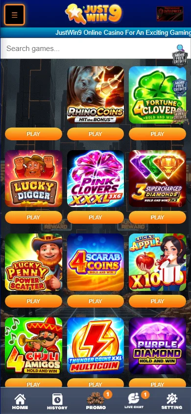Justwin9 Casino game selection on a mobile device