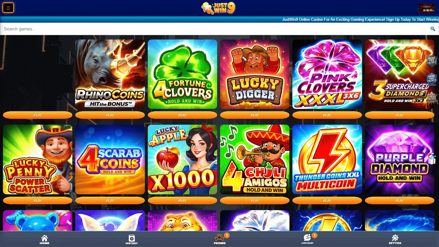 Justwin9 Casino game selection on desktop