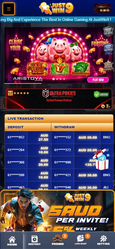 Justwin9 Casino home experience on a mobile device