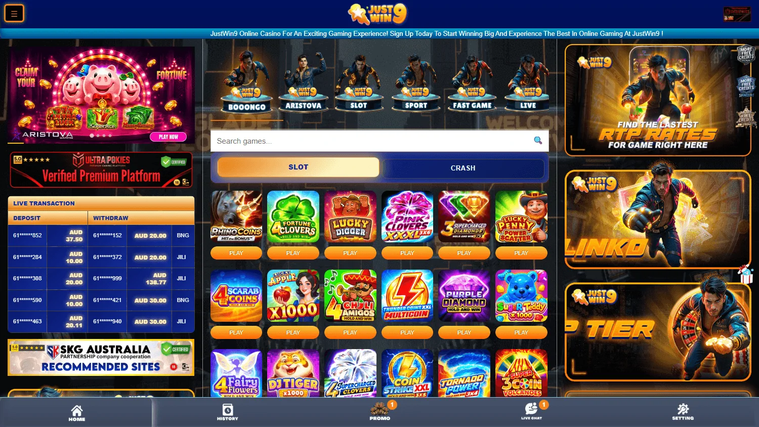 Justwin9 Casino home experience on desktop
