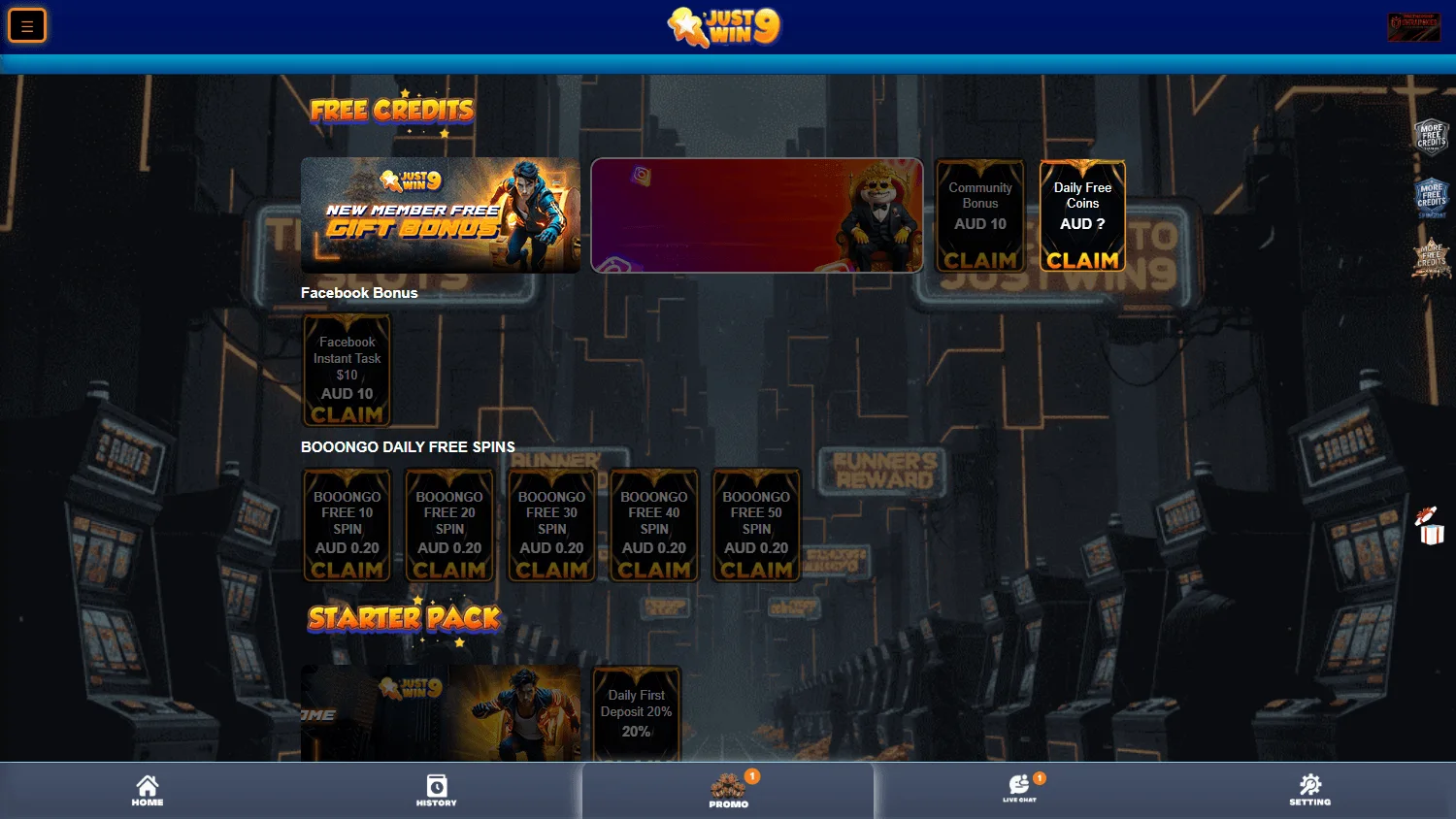 Justwin9 Casino promotional offers on desktop