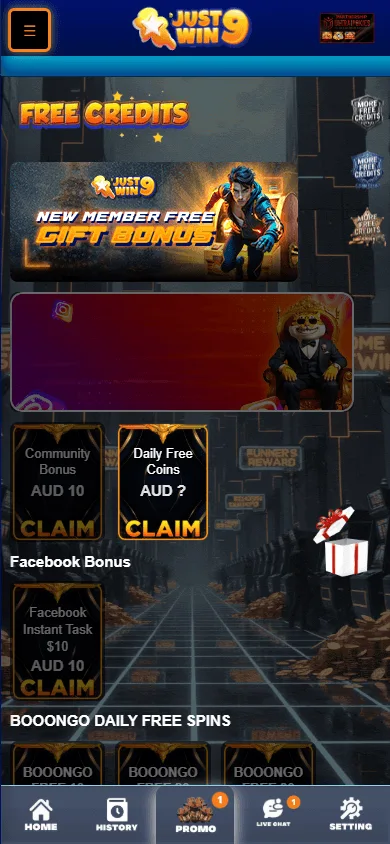 Justwin9 Casino promotional offers on a mobile device
